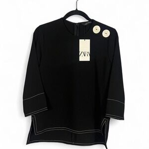 Zara Black Tunic Top Statement‎ Buttons 3/4 Sleeve Blouse